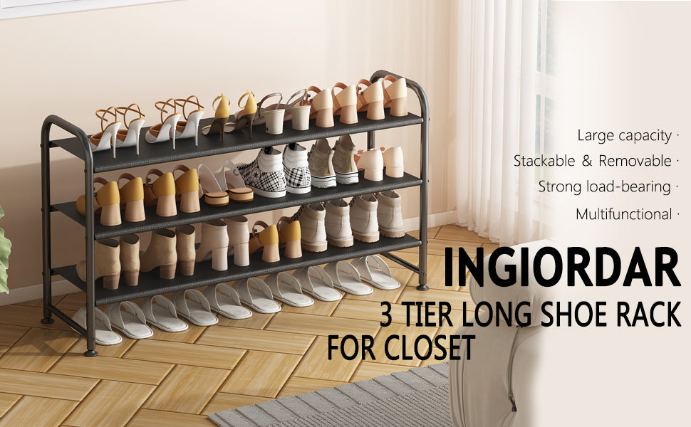 Shoe Rack 3 Tier Long Storage Organizer Wide Metal Shoe Shelf for Closet Entryway Black